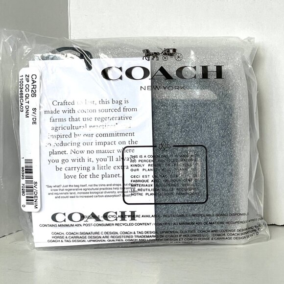 Coach CAR26 Quilted Zip Card Case Blue Denim Leather ID Wallet with Chain Strap - Picture 3 of 5